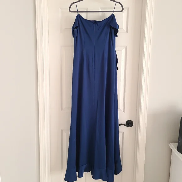 Aidan Mattox Satin Ruffle High Low Cold Shoulder Maxi Long Dress Navy Blue 8 - Picture 6 of 8